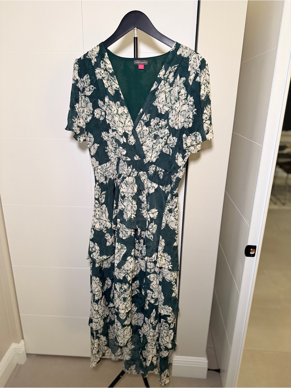 Vince Camuto Dark Green Floral Wrap Midi Dress